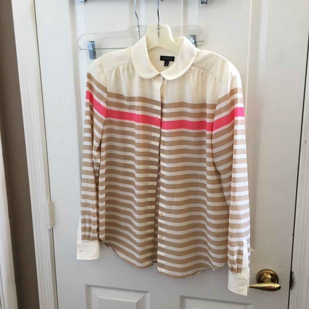 Talbots Cream, Tan & Pink Striped Button-Up Blouse